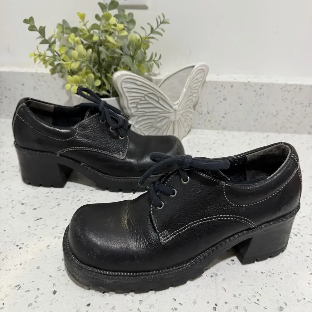 Vtg 90s Y2k Chunky Platform Oxfords Lace Up Mary Jane Heels 6.5